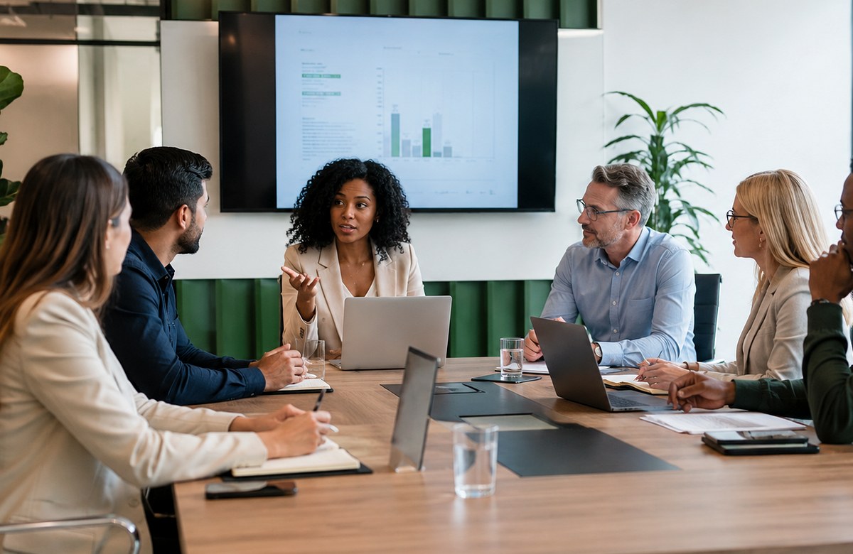 Business professionals discussing meeting requirements